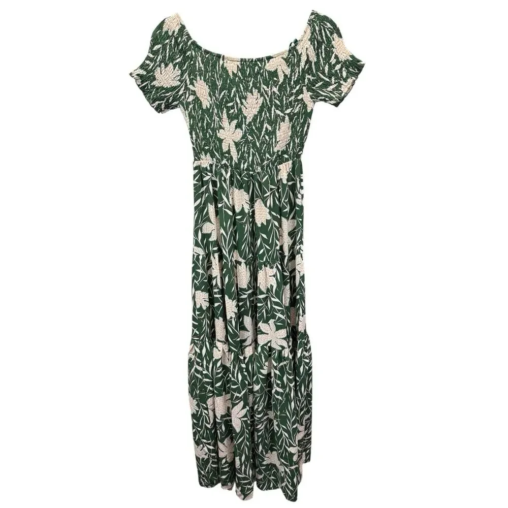 Baltic Born Becca Smocked Maxi Dress Green Floral Off Shoulder S - Picture 4 of 7
